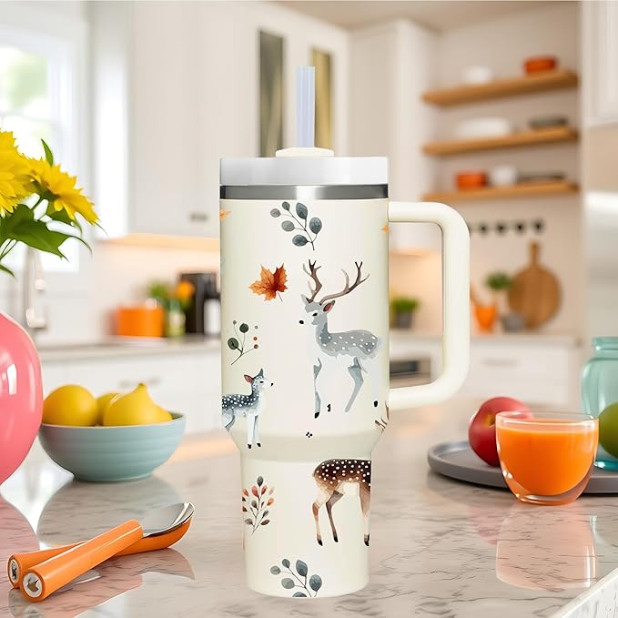 AMZUShome 40 OZ Deer Tumbler with Handle. Deer Lover Gifts. Unique Birthday Christmas Gifts. 40 OZ Insulated Stainless Steel Tumbler with Lid and Handle for Women Men