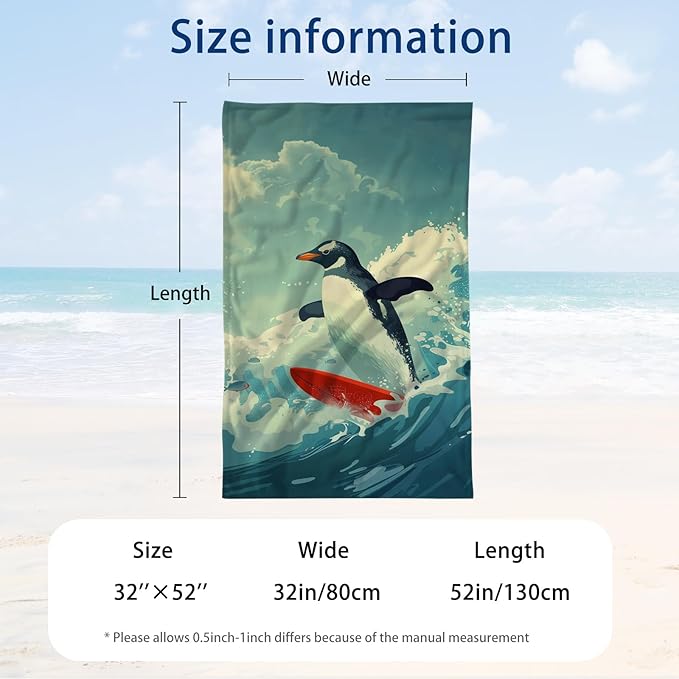 WZOMT Microfiber Penguin Beach Towel Oversized, Cute Penguin Surfing Ocean Animal Blue Bath Towels for Adults Kids, Soft Quick Dry Absorbent Sandproof Travel Swim Pool Towels 32x52 Inch