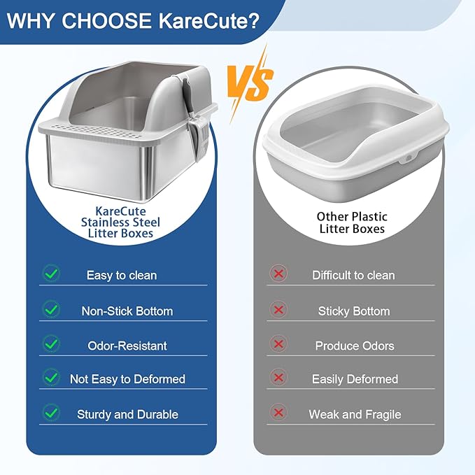 14" High Stainless Steel Cat Litter Box with Lid, Metal Litter Box for Big Cats, Stainless Steel Cat Litter Box for High Peeing Cat, XL Litter Box Easy to Clean, Non-Sticky, with Scoop