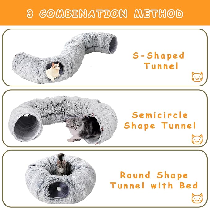 Cat Tunnel Bed for Indoor Cats Multifunctional Large Cat Tunnel 3 in 1 Cat Tubes and Tunnels Peekaboo Cat Cave Fluffy Donut-Shape Pet Play Tunnel for Multiple Cats Kitten Small Puppies (Grey)