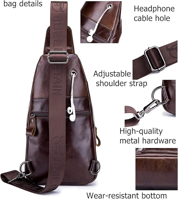 BULLCAPTAIN Mens Genuine Leather Sling Crossbody Bag Travel Casual Multi-pocket Chest Bag Hiking Backpacks