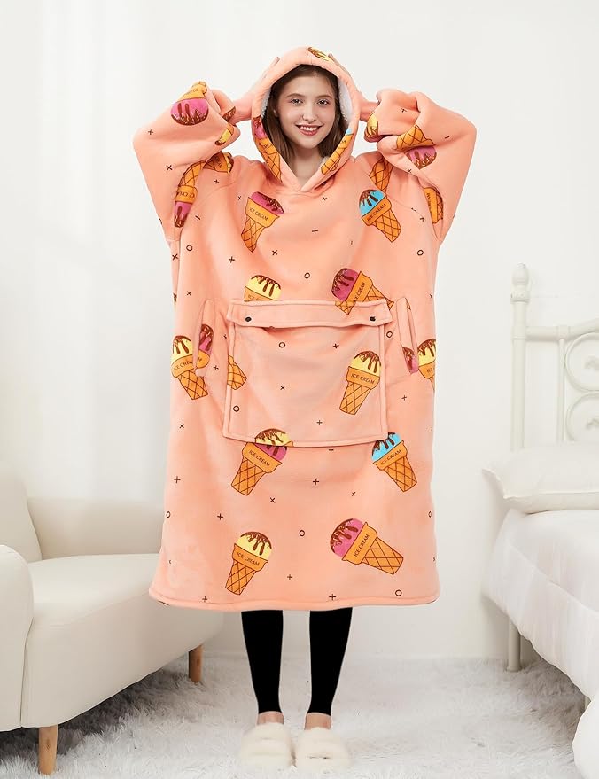 KFUBUO Wearable Blanket Hoodie for Adult Long Sherpa All Patterns ice Cream Oversized Hoodie Sweatshirt Blanket Cute Birthday Gifts for Women
