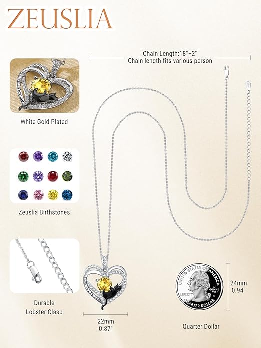 Birthstone Cat Necklaces,925 Sterling Silver Cat Necklace Heart Pendant for Women,Dainty Animal Jewelry for Her,Wedding Anniversary Birthday Gifts for Women Mom Grandma