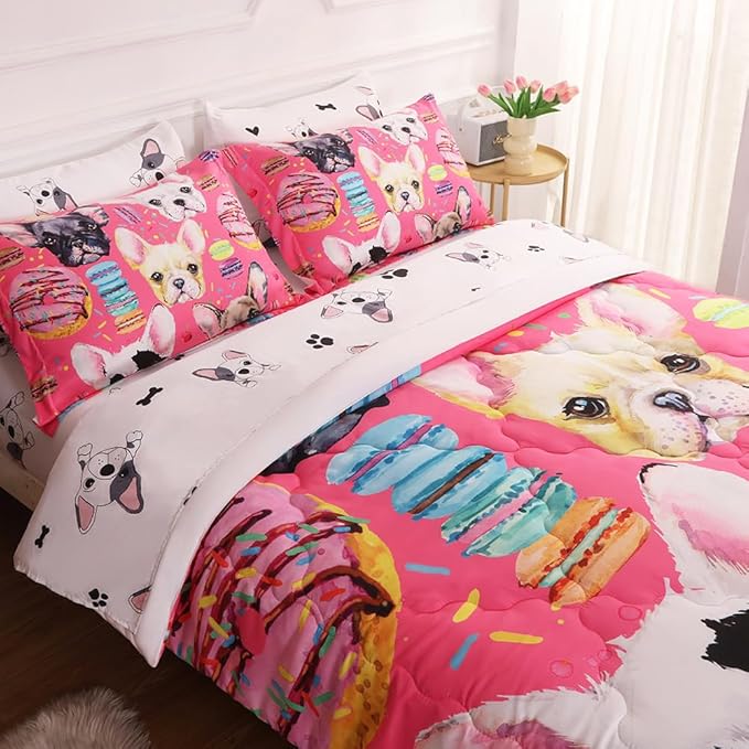 7 Piece Dog Comforter Set Twin Size for Kids Cute 3D French Bulldog Dogs Bedding Bed in A Bag for Teens Boys Girls All Season Watercolor Pink Animal Themed Comforter