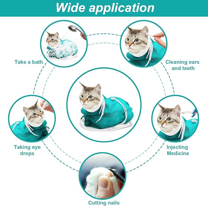 Cat Bathing Bag, Breathable Mesh Cat Shower Bag Anti Scratch Adjustable Cat Grooming Bag for Nail Trimming, Bathing Polyester Soft Cat Washing Bag (White-Green)