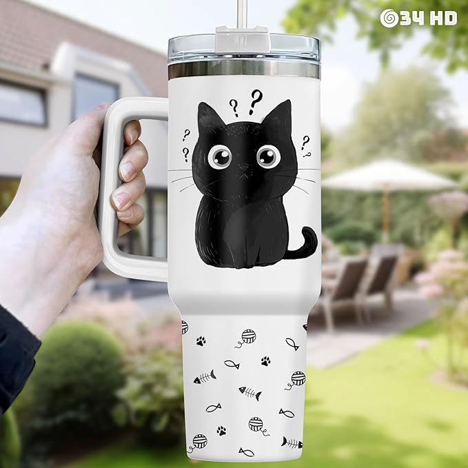 34HD Funny Black Cat Tumbler with Handle and Straw, 40oz Double Wall Vacuum Insulated Pet Mug, I Came I Saw Forgot Cup, Cat Gifts for Women Men Birthday Mothers Day Halloween Christmas