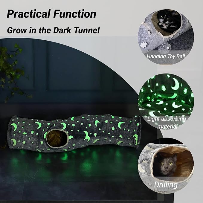 LUCKITTY Cat Tunnel Tube with Plush Ball Toys Collapsible Self-Luminous Photoluminescence, for Small Pets Bunny Rabbits, Kittens, Ferrets,Puppy and Dogs Grey Moon Star (S-Shape)