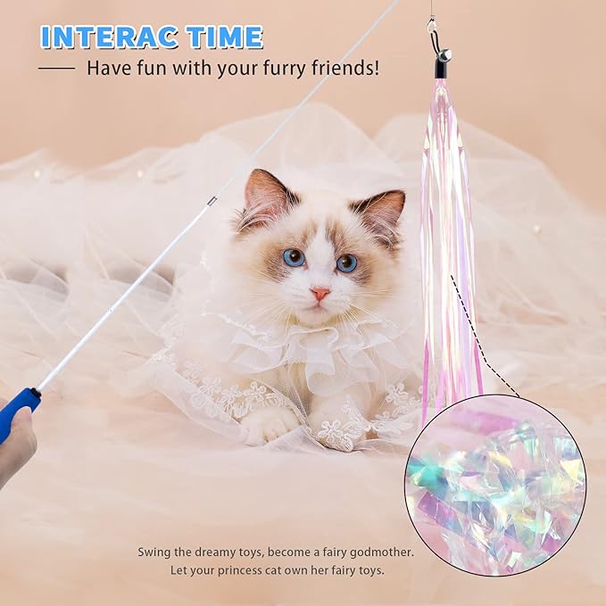 Cat Wand Toy for Indoor Cats 6PCS Fairy Feather Cat Toys with Retractable Fishing Pole Replaceable Feather Attachments Dragonfly Tassel Worm with Bells Cat String Kitten Toy Gift (Blue)