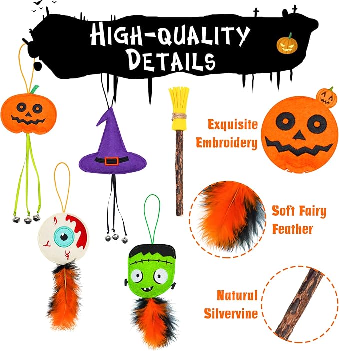 Halloween Cat Toys for Indoor Cats, 4Pcs Catnip Toys with 1 Natural Silvervine Stick, Halloween Interactive Cat Toys with Feather and Bells for Indoor Cats & Kitten & Kitty