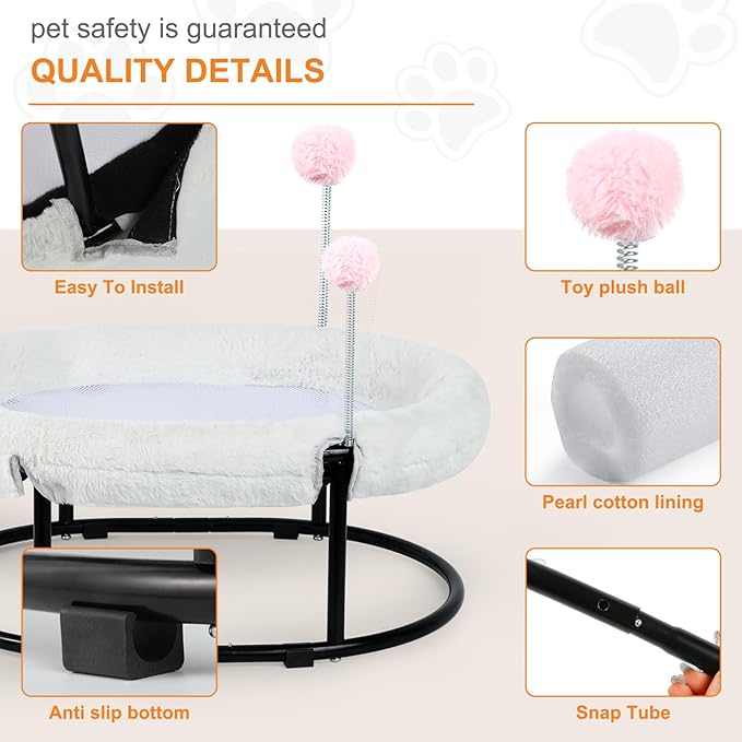Cat Bed Elevated Cat Hammock for Indoor Outdoor Large Cats,Cat Dog Raised Pet Bed Stable & Breathable Easy Assembly,Small Outdoor Cat Bed for Sleeping Kittens Dog Oval Cat Hammock with Toy Ball,White
