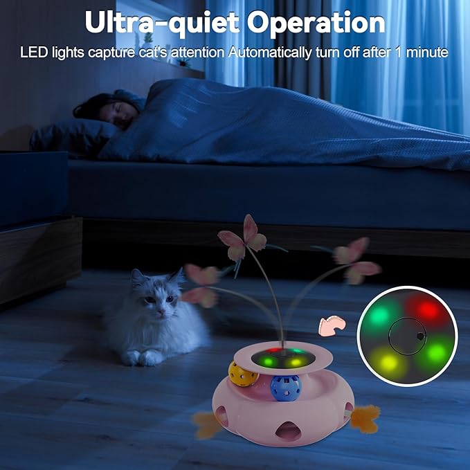 Cat Toys Interactive Rechargeable 3in1 Ambush Feather, Fluttering Butterfly, Track Balls, Touch Activated Automatic Kitten Toys for Indoor Cats