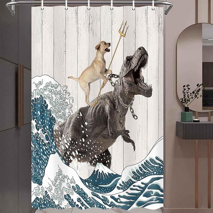 Boziqr Funny Dog Shower Curtain, Japanese Ocean Wave Dinosaur Rustic Barn Door Decor Fabric Bathroom Curtains Set, Cute Animal Kids Polyester Fabric Waterproof, 36 X 70 Inches