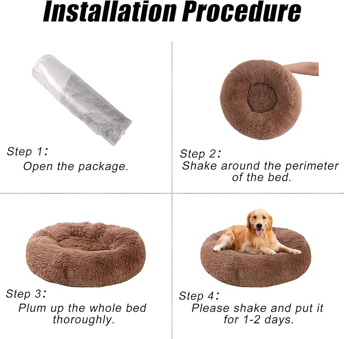 Calming Dog Bed, Dog Beds Fits up to 45 lbs Pets, Fluffy Donut Dog & Cat Bed Washable, Round Anti Anxiety Dog Bed, Small Dog Bed with Non-Slip Bottom (Khaki, 31" x 31")