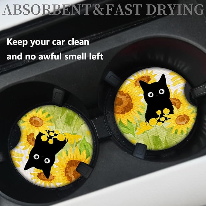 Car Coasters for Cup Holders，Sunflowers and Cat Cute Car Assecories for Women,2 Pack Cup Holder Coasters for Car, Anti Slip Rubber Car Cup Mat with A Finger Notch 2.75"