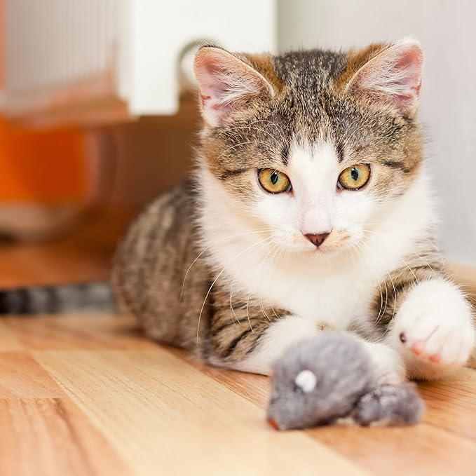 Smokey's Stash Rabbit Fur Mouse Cat Toy 24 per Pack White and Gray Fuzzy Toys for Cats with Rattle Realistic Fake mice (24)