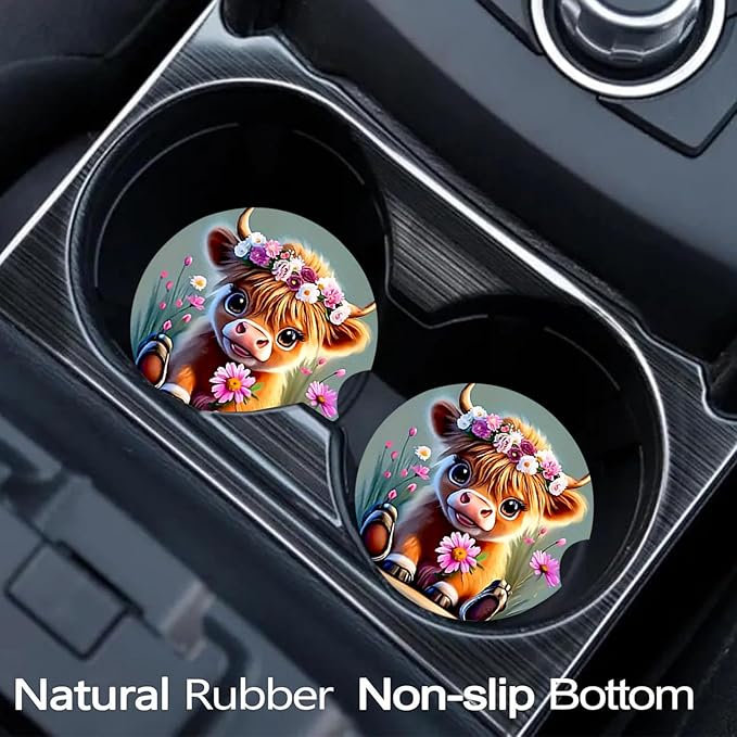 Car Coasters for Cup Holders,2 Pack Highland Cow Floral Car Coasters,2.75" Universal Size Anti Slip Rubber Mat,Automotive Cup Holder Gifts for Cow Lovers for Women,Men,Mom