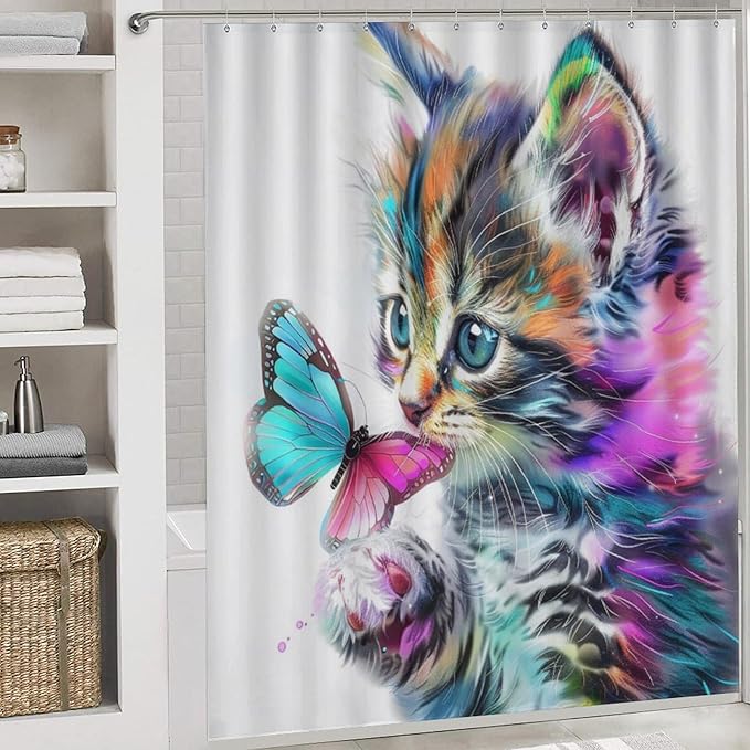 Brebasf Funny Cute Animal Cat Shower Curtain Set Bathroom Set Decorative Abstract Modern Art Watercolor Japanese Anime Cat Butterfly 4 Piece Shower Curtain, Toilet Cover, U-Mat, Floor Mat