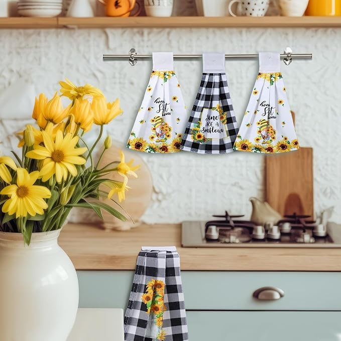 Sratte 4 Pcs Sunflower Hanging Kitchen Towels Hand Towels with Hanging Loop Summer Buffalo Plaid Gnomes Sunshine Dish Towels Bath Absorbent Oven Stove Wash Cloth for Home Decorative Housewarming Gift