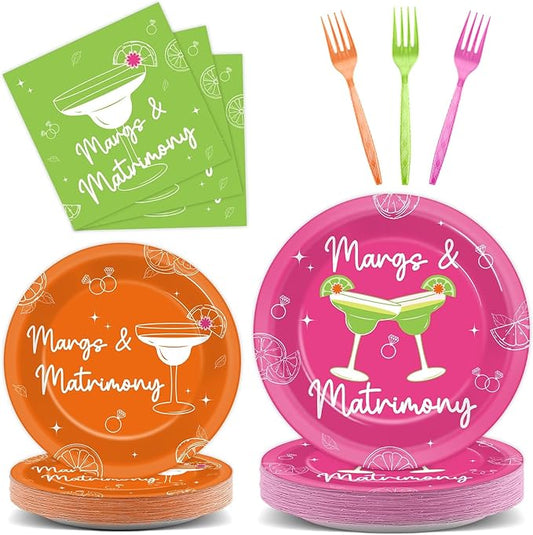 96pcs Margs & Matrimony Bachelorette Party Decorations Margs Plates Napkins Party Supplies Margarita Tableware Dinnerware for Birthday Bridal Shower Wedding Mexican Fiesta Favors for 24 Guests