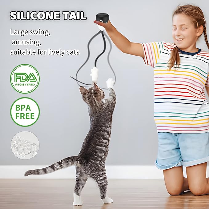 Cat Toys Rechargeable Plush Cat Wand Toy with Silicone Teaser Tail, Electronic Cat Toys Interactive for Indoor Cats/Kittens, Automatic Exercise Cat Toy - Black