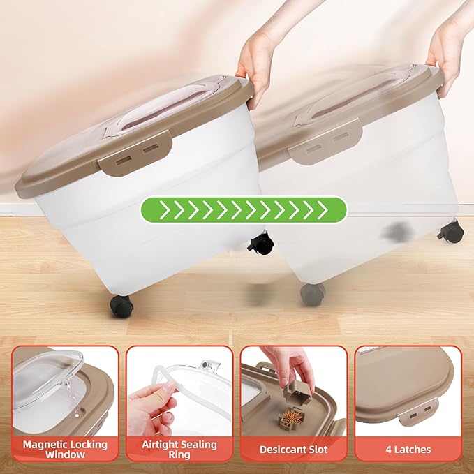 Airtight Pet Food Container, Collapsible Dog Food Storage Container 15-20 lb with Castors, Plastic Dog Food Bin with Pet Food Scoop & Measuring Cup for Dry Food Storage