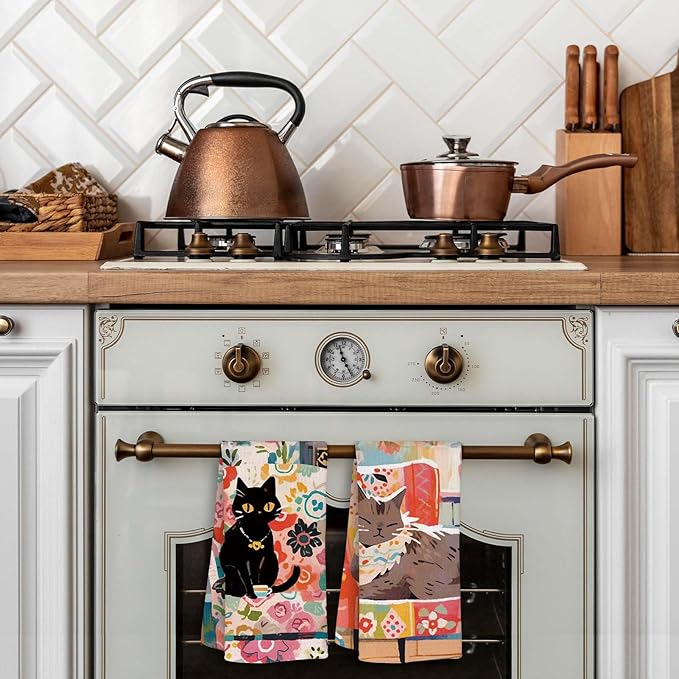 Cute Cat Kitchen Towels Set of 2 Cats Decoration for Cat Lovers Cat Kitchen Accessories Cat Mom Gifts for Women Cute Hand Towels Decorative Set for Kitchen & Bathroom 16×24 Inch