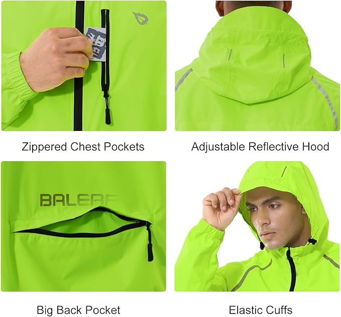 baleaf Men's Rain Jacket Waterproof Windbreaker Running Cycling Golf Hiking Gear Hood Lightweight Reflective Packable