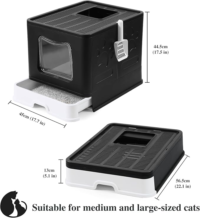 Bolux Foldable Cat Litter Box with Lid, Extra Large Litter Box with Cat Litter Scoop, Drawer Type Cat Litter Pan Easy to Scoop & Low Tracking (Black XL)