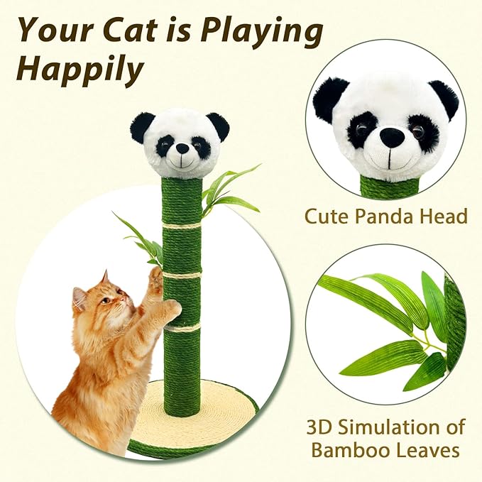 Tfwadmx Cat Scratching Post 23 inch Tall Cat Scratching Post with Sisal Rope Natural Sisal Cat Scraper with 3D Bamboo Leaves Panda Shape Scratching Posts for Indoor Cats and Kittens