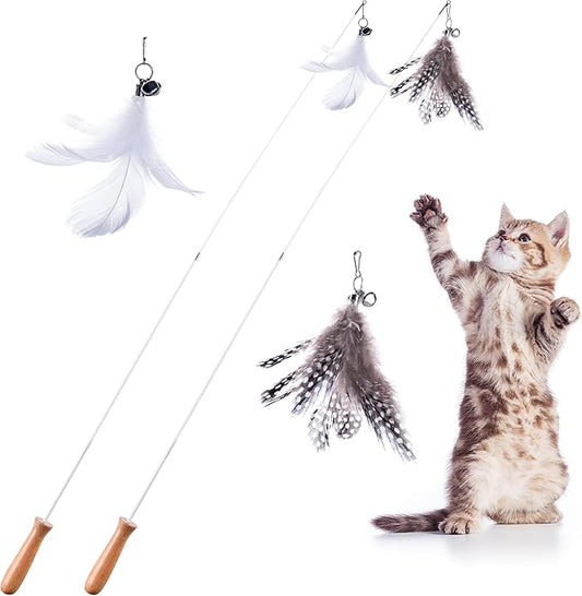 Cat Park Cat Wand Toys for Indoor Cats - 2PCS Interactive Cat Toy Wand with 4 Cat Feather Toys Refills, 27" Flexible Steel Wire, Sturdy Wood Handle & Bell, Fun Kitten or Cat Teaser Toy to Play, Chase