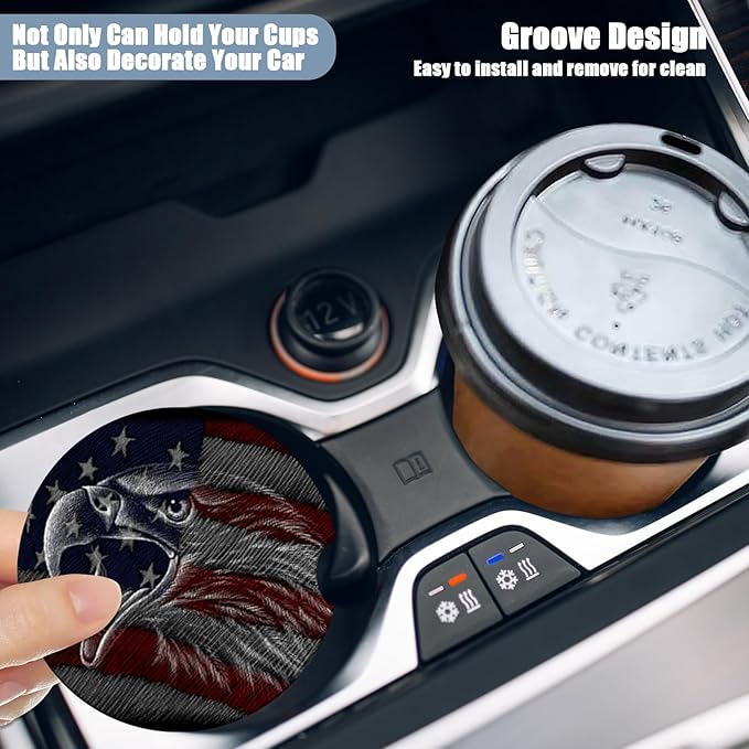 Car Cup Holder Coaster - American Flag Eagle Absorbent Ceramic Coaster, Car Coasters for Cup Holders, Auto Accessories for Women & Men, Pack of 2