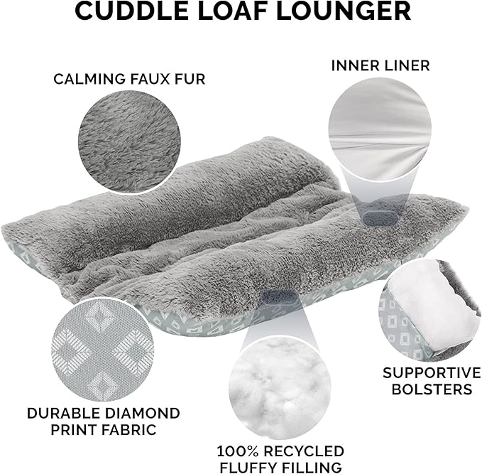 Furhaven Cat Bed for Indoor Cats, Washable w/ Removable Bolsters, For Pets Up to 9 lbs - Plush & Diamond Print Cuddle Loaf Mat - Gray, Small
