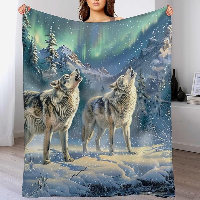 Wolf Blanket Wolf Aurora Borealis Gifts for Girls Boys Woman Kids Wolf Lover Throw Blankets Soft Blanket Warm Fleece Flannel Plush Blankets for Bed Sofa Couch 60"x80"