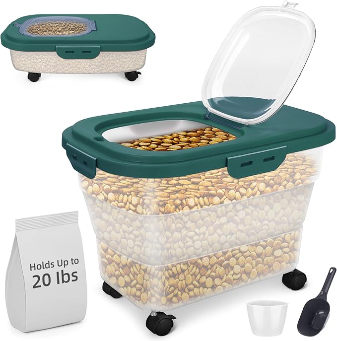 Airtight Dog Food Storage, Collapsible Pet Food Container 17-20 lb with Castors, Plastic Dog Food Bin with Pet Food Scoop & Measuring Cup for Dry Food Storage(green)