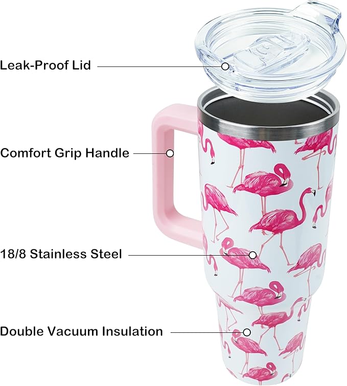 40 oz Tumbler with Handle and Straw, Stainless Steel Insulated Cup with Leak Proof Lid and Straw Lid, Keep Drinks Cold and Hot for Hours(Flamingo)