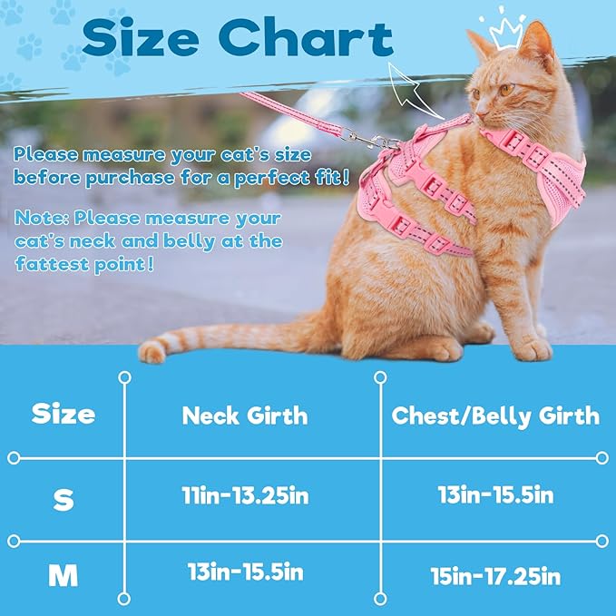 Cat Harness and Leash Set for Walking, Escape Proof Soft Vest Harness for Cats, Adjustable Reflective Kitten Harness for Small Medium Large Cats, Breathable Kitty Harness, Pink M