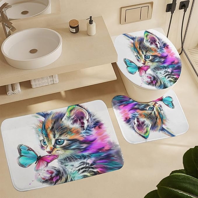 Brebasf Funny Cute Animal Cat Shower Curtain Set Bathroom Set Decorative Abstract Modern Art Watercolor Japanese Anime Cat Butterfly 4 Piece Shower Curtain, Toilet Cover, U-Mat, Floor Mat