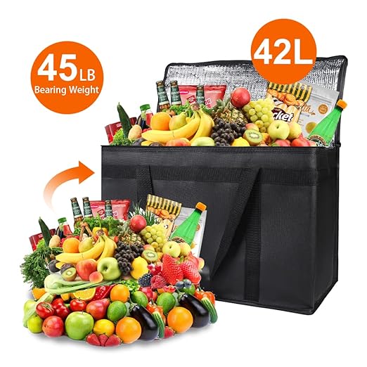Bodaon 2-Pack Insulated Food Delivery Bag, XX-Large Reusable Grocery Shopping Bag, Frozen Food Cold, Cooler Bags with Zippered Top, Black