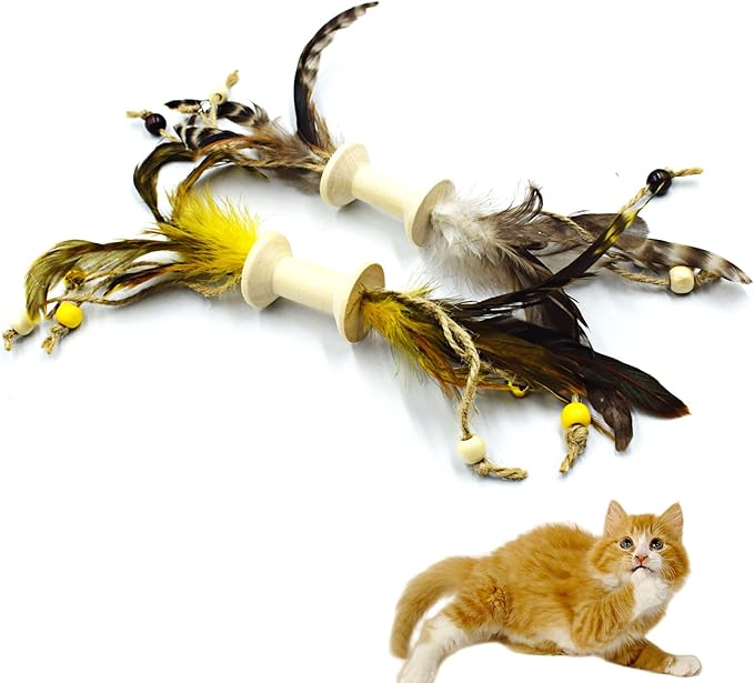IUHKBH Cat Feather Toys, 2 PCS Wooden Roller Cat Teaser Toy Interactive Cat Toys for Chewing and Kicking