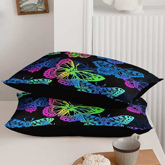 Axolotl Colorful Butterflies Bedding Set,Queen Size Kids Bed Set,Gradient Butterfly Comforter Set,1 Quilt with 2 Pillowcases for Boys Girls Kids Teens Children Adults Room Decor All Season,Black