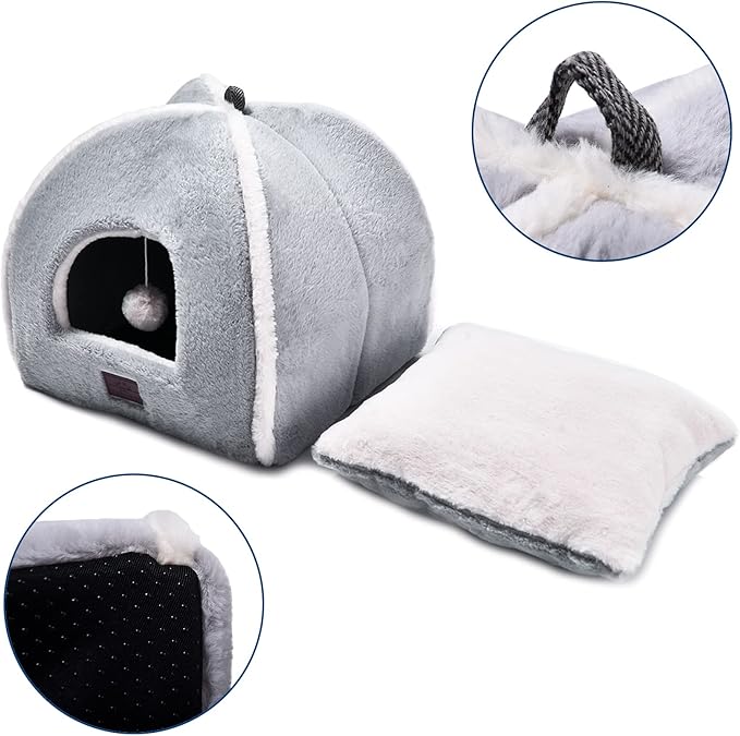 Cat Bed for Indoor Cats - Cat Cave Bed Cat House Cat Tent with Removable Washable Cushioned Pillow, Soft and Self Warming Kitten beds, Pet Bed（Large Grey）