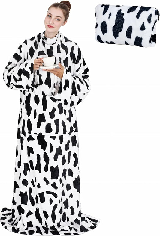 Solaris Travel Wearable Blanket with Sleeves, 2 in 1 Packable Airplane Pillow Blanket for Adult Women Men, Soft Cozy Warm Snuggy Body Blanket for Outdoor Indoor Home Lounge, Cow Print
