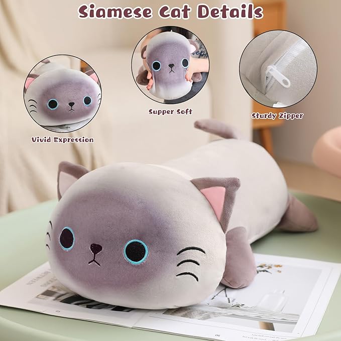 Siamese Cat Plush Cute Siamese Cat Stuffed Animal Pillow with 4 Baby Plushies in Her Tummy, Soft Cotton Stuffed Animals Toy Gifts for Kids