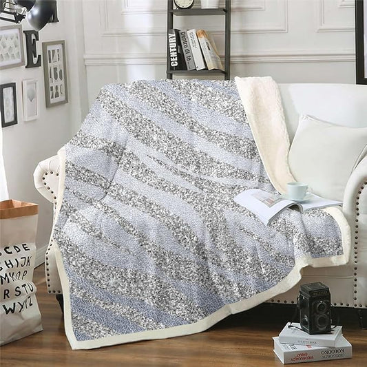 Grey Animal Print Fleece Sherpa Blanket for Girls Women, Glitter Zebra Print Queen Size, Lightweight Psychedelic Abstract Flannel Throw Blanket
