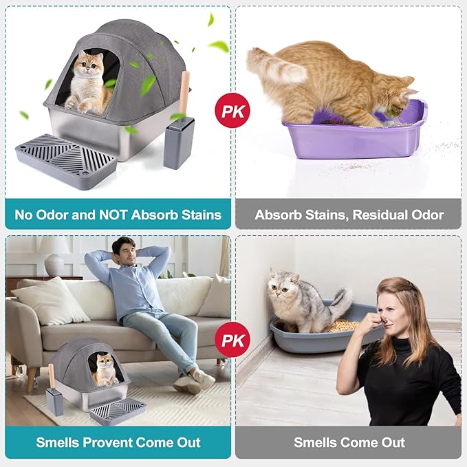 2 Pack Large(24*16*17"H) Stainless Steel Cat Litter Box with Lid, Extra Large Metal Litter Box for big cats, Litter box Includes Litter Scoop Scoop Holder Footpad Easy Cleaning Non-Sticky