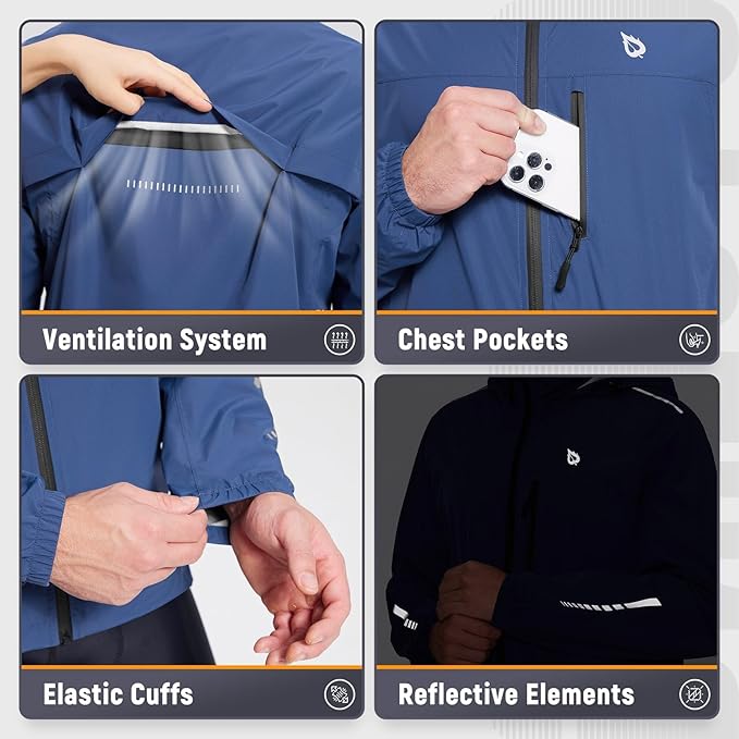 baleaf Men's Rain Jacket Waterproof Windbreaker Running Cycling Golf Hiking Gear Hood Lightweight Reflective Packable