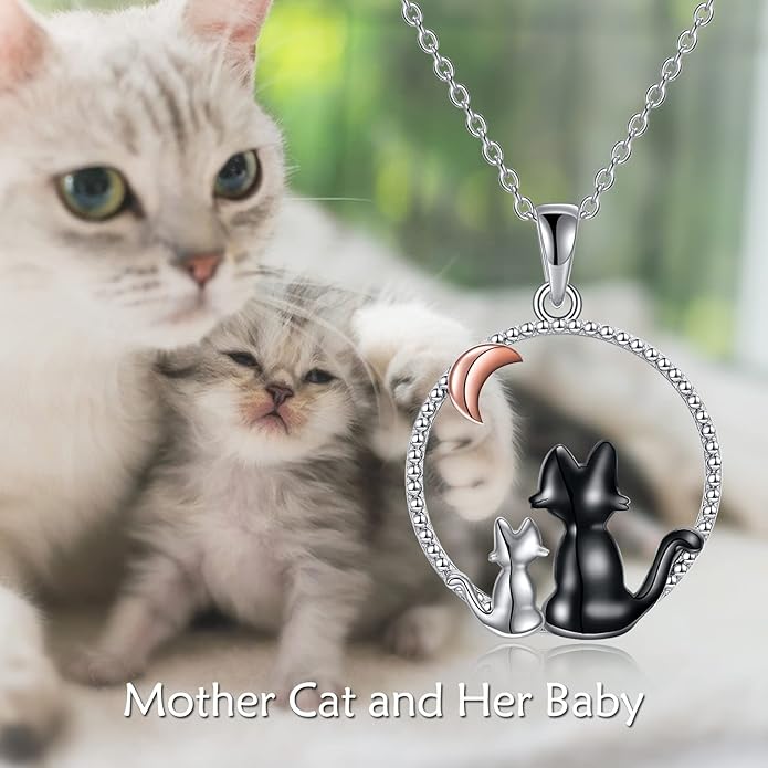 AXELUNA Black Cat Necklace 925 Sterling Silver Kitten Pendant Circle Crystal Necklace Cat Jewelry Gifts for Women Girls Girlfriend Animal Lovers