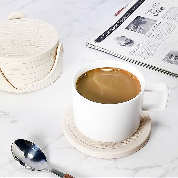 6-Pack Silicone Coasters with Deep Tray Holder - Double-Sided Drink Coasters - Beverage Mats for Hot or Cold Drinks - Thick, Non-Slip, Non-Stick Silicone with Ceramic Insert