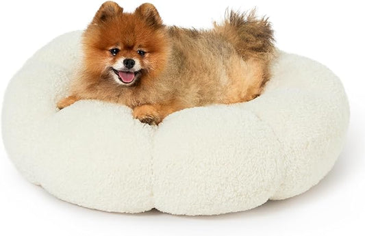 Lesure Calming Small Dog Bed - Flower Donut Round Fluffy Puppy Bed in Plush Teddy Sherpa, Non-Slip Cute Flower Cat Beds for Indoor Cats, Small Pet Bed Fits up to 25 lbs, Machine Washable, Cream 23"