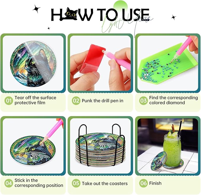 Black Cat Diamond Art Coasters - 8 Pcs DIY Colorful Glass Diamond Painting Coasters Kits with Non Slip Pads Home Table Decor Art Craft Supplies Birthday Gift for Adult Beginners Cat Lover